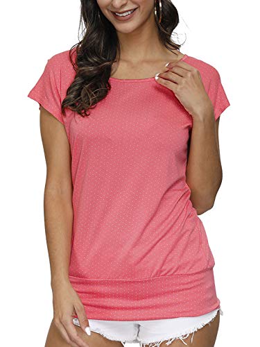 TrendiMax Damen T-Shirt Kurzarm Sommer Shirt Allover Druck Strech Bluse Casual Oberteil Basic Tops, Korallrot Punkte, M von TrendiMax