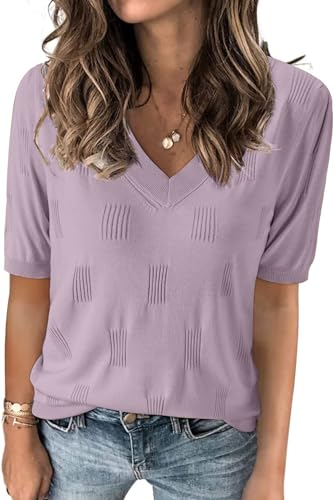 TrendiMax Damen T-Shirt V Ausschnitt Kurzarm Strick Shirt Dünne Pullover Sommer Frühling Strickpullover Casual Oberteile Bluse Tops (M, Frisch Lila) von TrendiMax