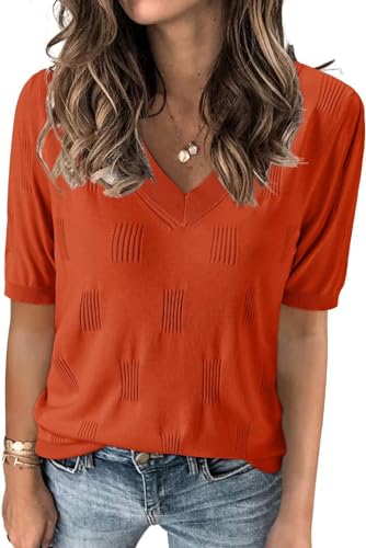 TrendiMax Damen T-Shirt V Ausschnitt Kurzarm Strick Shirt Dünne Pullover Sommer Frühling Strickpullover Casual Oberteile Bluse Tops (Orange, XL) von TrendiMax