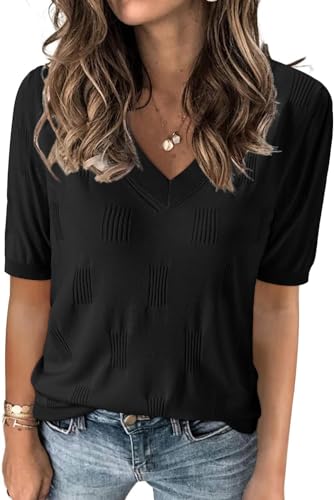 TrendiMax Damen T-Shirt V Ausschnitt Kurzarm Strick Shirt Dünne Pullover Sommer Frühling Strickpullover Casual Oberteile Bluse Tops (S, Schwarz) von TrendiMax