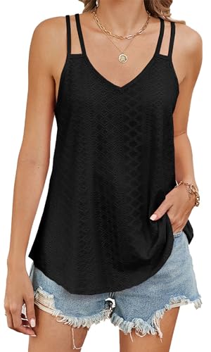 TrendiMax Tank Top Damen Sommer V Ausschnitt Spaghetti Cami Oberteile Ärmellose Blusen Shirt Träger Tops (XL, Schwarz) von TrendiMax