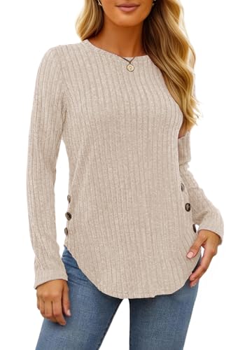 TrendiMax Pullover Damen Herbst Leichter Strickpullover Rundhals Langarmshirt Dünner Pullover Knöpfe Langarm Sweatshirt Casual Oberteile Tunika Tops (L, Aprikose) von TrendiMax