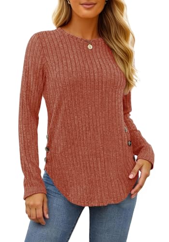 TrendiMax Pullover Damen Herbst Leichter Strickpullover Rundhals Langarmshirt Dünner Pullover Knöpfe Langarm Sweatshirt Casual Oberteile Tunika Tops (L, Karamell) von TrendiMax