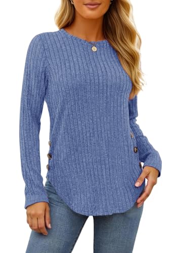 TrendiMax Pullover Damen Herbst Leichter Strickpullover Rundhals Langarmshirt Dünner Pullover Knöpfe Langarm Sweatshirt Casual Oberteile Tunika Tops (M, Blau) von TrendiMax