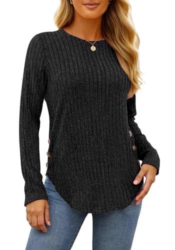TrendiMax Pullover Damen Herbst Leichter Strickpullover Rundhals Langarmshirt Dünner Pullover Knöpfe Langarm Sweatshirt Casual Oberteile Tunika Tops (M, Schwarz) von TrendiMax