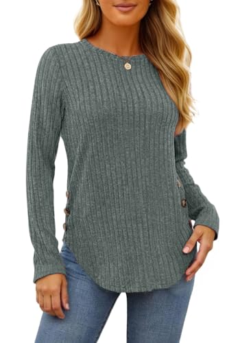 TrendiMax Pullover Damen Herbst Leichter Strickpullover Rundhals Langarmshirt Dünner Pullover Knöpfe Langarm Sweatshirt Casual Oberteile Tunika Tops (XL, Dunkelgrün) von TrendiMax