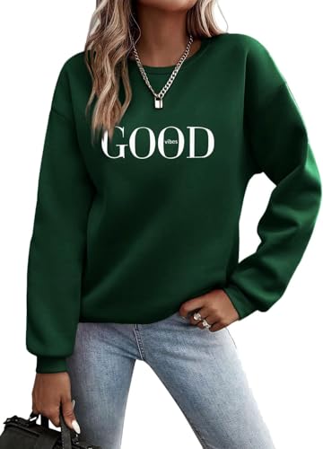 TrendiMax Pullover Damen Herbst Übergangs Sweatshirt Briefe Drucken Rundhals Langarm Pulli Locker Casual Oberteile Streetwear Sweatshirts ohne Kapuze (L, Dunkelgrün N) von TrendiMax