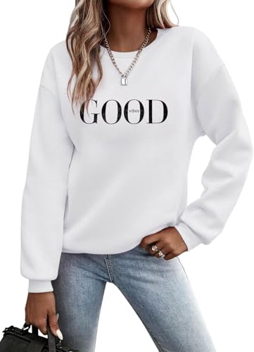 TrendiMax Pullover Damen Herbst Übergangs Sweatshirt Briefe Drucken Rundhals Langarm Pulli Locker Casual Oberteile Streetwear Sweatshirts ohne Kapuze (L, Weiß N) von TrendiMax