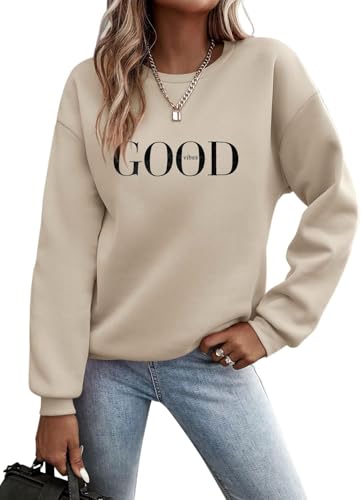 TrendiMax Pullover Damen Herbst Übergangs Sweatshirt Briefe Drucken Rundhals Langarm Pulli Locker Casual Oberteile Streetwear Sweatshirts ohne Kapuze (M, Aprikose N) von TrendiMax