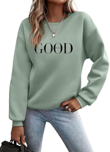 TrendiMax Pullover Damen Herbst Übergangs Sweatshirt Briefe Drucken Rundhals Langarm Pulli Locker Casual Oberteile Streetwear Sweatshirts ohne Kapuze (M, Hellgrün N) von TrendiMax