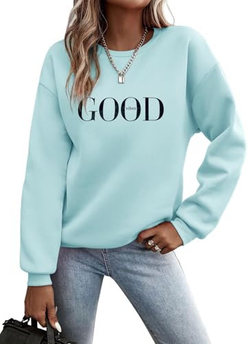 TrendiMax Pullover Damen Herbst Übergangs Sweatshirt Briefe Drucken Rundhals Langarm Pulli Locker Casual Oberteile Streetwear Sweatshirts ohne Kapuze (S, Hellblau N) von TrendiMax