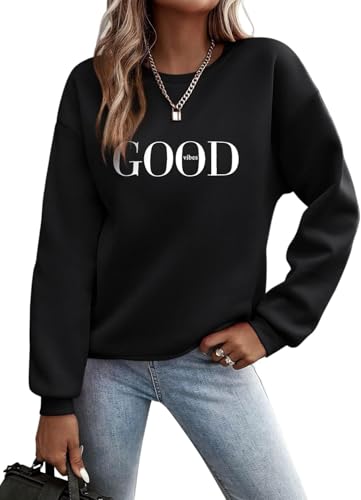 TrendiMax Pullover Damen Herbst Übergangs Sweatshirt Briefe Drucken Rundhals Langarm Pulli Locker Casual Oberteile Streetwear Sweatshirts ohne Kapuze (XL, Schwarz N) von TrendiMax
