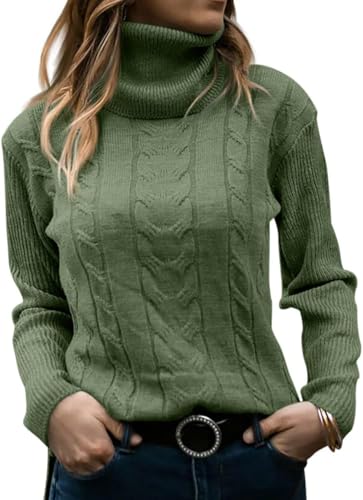 TrendiMax Pullover Damen Rollkragen Herbst Winter Strickpullover Cable Knit Langarm Rolli Pullover Elegant Weich Sweater Tops (L, Olivgrün) von TrendiMax