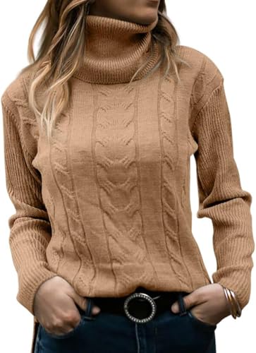 TrendiMax Pullover Damen Rollkragen Herbst Winter Strickpullover Cable Knit Langarm Rolli Pullover Elegant Weich Sweater Tops (S, Braun) von TrendiMax