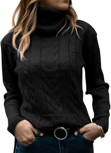TrendiMax Pullover Damen Rollkragen Herbst Winter Strickpullover Cable Knit Langarm Rolli Pullover Elegant Weich Sweater Tops (S, Schwarz) von TrendiMax