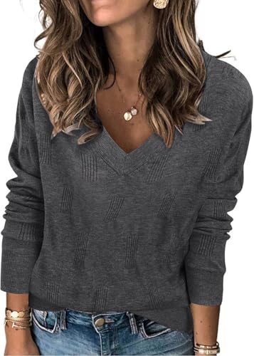 TrendiMax Pullover Damen V Ausschnitt Strickpullover Elegant Herbst Frühling Casual Oberteile Langarm Sweatshirt Basic Tops (L, Dunkelgrau) von TrendiMax