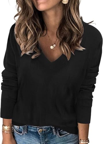 TrendiMax Pullover Damen V Ausschnitt Strickpullover Elegant Herbst Frühling Casual Oberteile Langarm Sweatshirt Basic Tops (XL, Schwarz) von TrendiMax