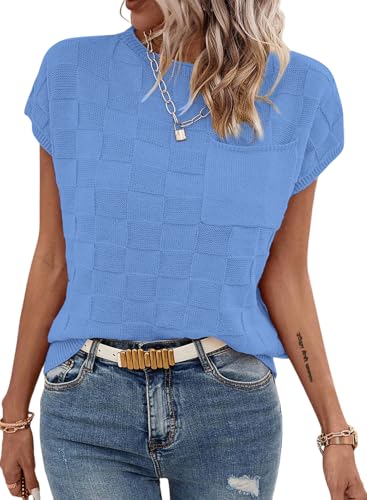 TrendiMax T-Shirt Damen Sommer Pullover Rundhals Kurzarm Strick Shirt Flügelärmel Strickpullover Casual Oberteile Sweater Tops, Blau, M von TrendiMax