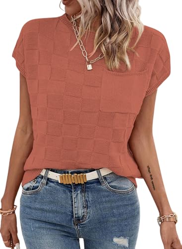 TrendiMax T-Shirt Damen Sommer Pullover Rundhals Kurzarm Strick Shirt Flügelärmel Strickpullover Casual Oberteile Sweater Tops, Rostrot, L von TrendiMax