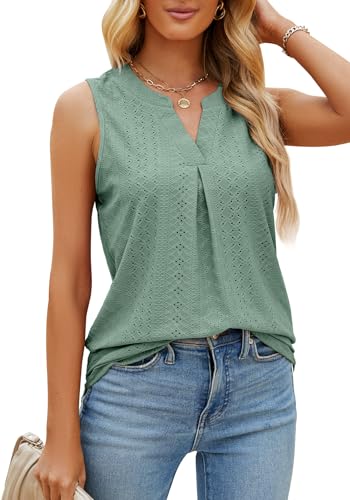 TrendiMax Tank Top Damen Lang V Ausschnitt Ärmellose Bluse Sommer Oberteile Casual Tunika Locker Shirts (L, Olivegrün) von TrendiMax