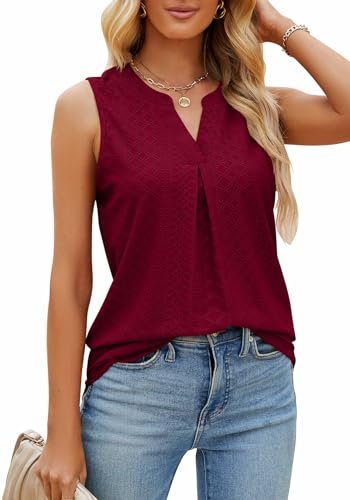 TrendiMax Tank Top Damen Lang V Ausschnitt Ärmellose Bluse Sommer Oberteile Casual Tunika Locker Shirts (XL, Weinrot) von TrendiMax