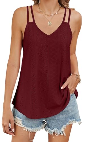 TrendiMax Tank Top Damen Sommer V Ausschnitt Spaghetti Cami Oberteile Ärmellose Blusen Shirt Träger Tops (S, Weinrot) von TrendiMax