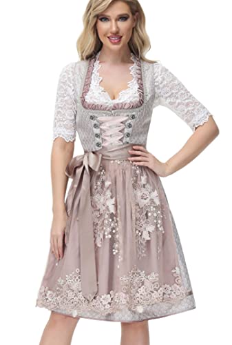TrendiMax Trachten Damen Dirndl Midi Dirndlkleid Tachtenkleid für Oktoberfest mit Spitzenschürze, Altrosa,36 von TrendiMax