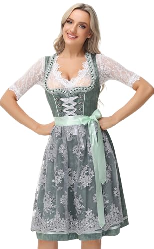 TrendiMax Trachten Damen Dirndl Midi Dirndlkleid Tachtenkleid für Oktoberfest mit Spitzenschürze, Edelgrün,38 von TrendiMax
