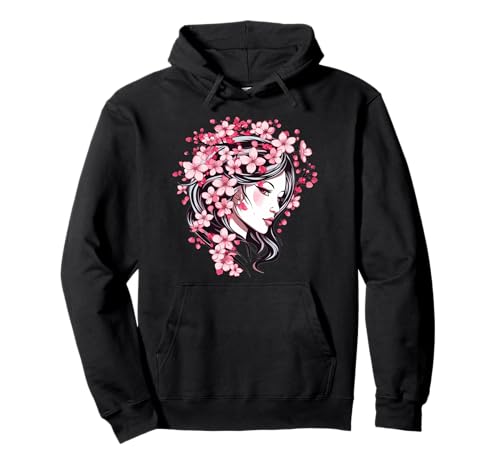 Japanese Aesthetic Cherry Blossom Anime Girl Flower Pullover Hoodie von Trending Aesthetic Japanese Anime