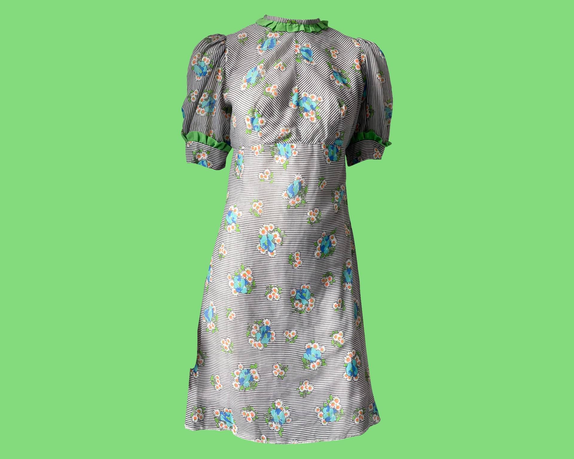 Laura Craig 60S Vintage Floral Swing Kleid, Lebendige Grüne Rüschenkragen, Kurze Puffärmel, Baby Doll Pastell Grau, Blaues Blumenmuster von Trendlistr