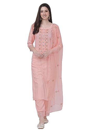 TRENDMALLS Damen Baumwolle Stickerei Salwar Anzug Set Kurta Hose mit Dupatta Kurta Set für Frauen, PeachPink, 4X-Large von TRENDMALLS