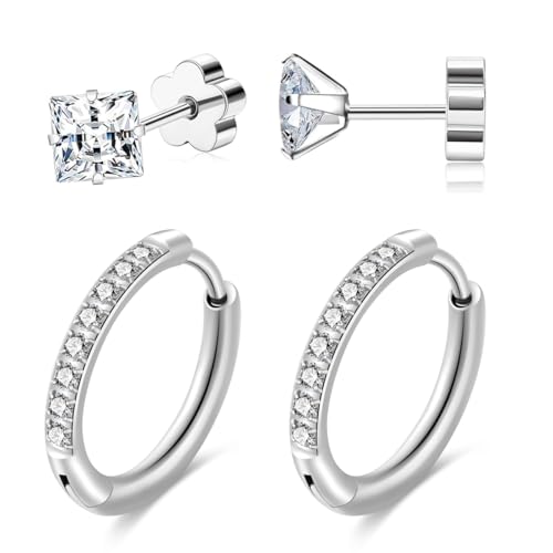 1 Paar kleine Creolen 12 MM Und 1 Paar Hypoallergene Ohrstecker Aus 316L Chirurgischem Stahl Mit 5 MM Zirkonia Einlage Für Damen Spiralohrringe Tragus Durchstechungen (Silber) von Trendpuncture