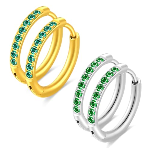 2 Paar Eleganter Kleiner Ohrringe 12 mm Gold/Silber Creolen Leichte Ohrringe aus Chirurgischem Stahl 316L Hypoallergenisches Zirkonia-Ohrringset (Grün) von Trendpuncture