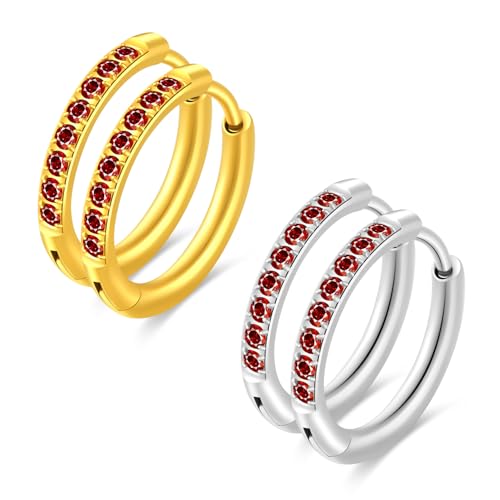 2 Paar Eleganter Kleiner Ohrringe 12 mm Gold/Silber Creolen Leichte Ohrringe aus Chirurgischem Stahl 316L Hypoallergenisches Zirkonia-Ohrringset (Rot) von Trendpuncture