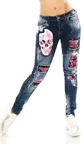 Trendstylez Damen Crazy Vintage Destroyed Fetzen Röhren Jeans Patches Skull Blue Washed XW6094 Größe W 31 von Trendstylez