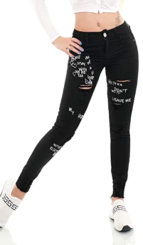 Trendstylez Damen High Waist Slim Fit Stretch Vintage Röhren Frayed Skinny Jeans Schrift Risse schwarz YG559 Größe 38 von Trendstylez