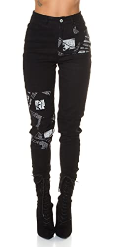 Trendstylez Damen High Waist Stretch Röhren Jeans Schrift Druck schwarz J3639 Größe 34 von Trendstylez