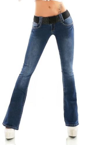 Trendstylez Damen Low Waist Slim Fit Stretch Bootcut Schlag Jeans inkl. Gürtel dunkelblau J937-1 Größe 38 von Trendstylez