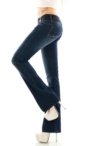 Trendstylez Damen Slim Fit Bootcut Schlag Jeans Flare Cut Middle Waist inkl. Gürtel Dark Blue W383 Größe 40 von Trendstylez