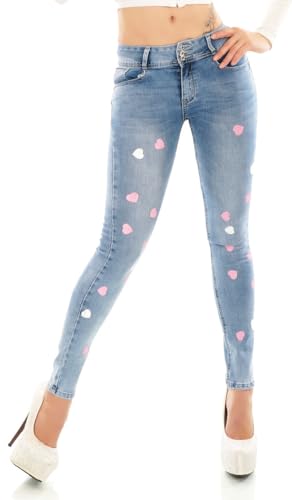Trendstylez Damen Slim Fit Middle Waist Push Up Skinny Röhren Jeans Herzchen Light Blue J6149 Größe 38 von Trendstylez