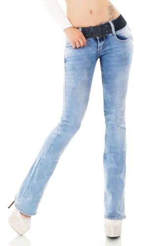 Trendstylez Damen Slim Fit Stretch Bootcut Schlag Jeans Hose inkl. Gürtel Light Blue W360 Größe 34 von Trendstylez