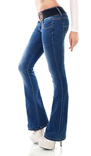 Trendstylez Damen Slim Fit Stretch Bootcut Schlag Jeans inkl. Gürtel Blue Washed WT366 Größe 42, 29339132 von Trendstylez