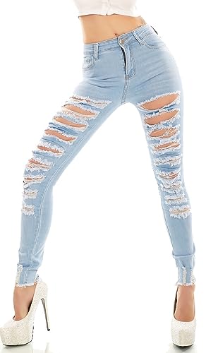 Trendstylez Damen Slim Fit Stretch High Waist Skinny Röhren Jeans Risse Fetzen Push Up Light Blue YG4701 Größe 38 von Trendstylez