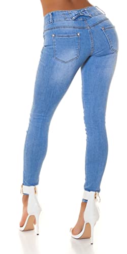 Trendstylez Damen Slim Fit Stretch High Waist Skinny Röhren Jeans Schleifenverzierung Blue Washed J7041 Größe 38 von Trendstylez