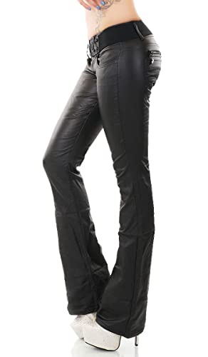 Trendstylez Damen Slim Fit Stretch Jeans Wetlook Jeans Kunstleder Bootcut Schlag Hose schwarz W3018 Größe 34 von Trendstylez