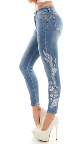Trendstylez Damen Slim Fit Stretch Push Up Skinny Röhren Jeans Stickerei Glamour blau J2385 Größe 36 von Trendstylez