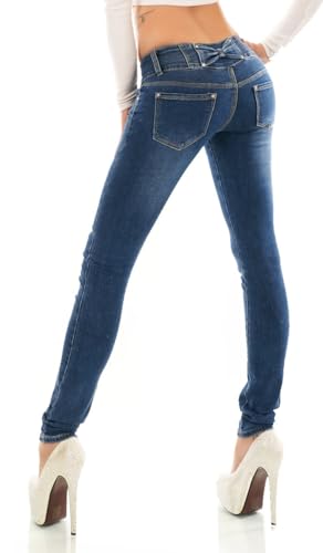 Trendstylez Damen Slim Fit Stretch Röhren Skinny Jeans Middle Waist Schleifen Strass Applikatonen Dark Blue j4811 Größe 40 von Trendstylez