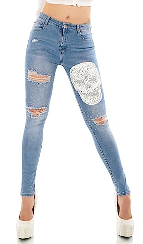 Trendstylez Damen Slim Fit Stretch Röhren Skinny Jeans Risse Fetzen Skull Light Blue J3591 Größe 40 von Trendstylez