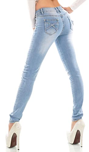 Trendstylez Damen Slim Fit Stretch Röhren Skinny Jeans Zier Schleifen Light Blue A4703 Größe 40 von Trendstylez