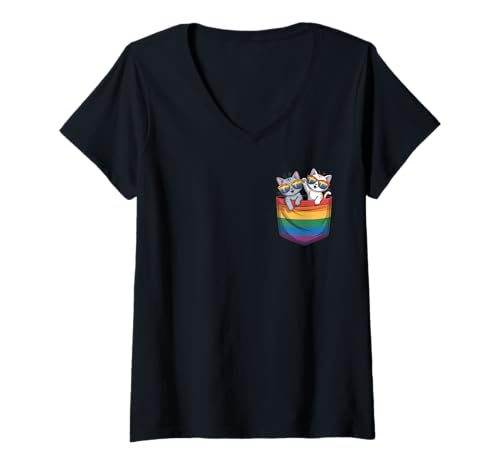 Damen Süße Katzen in Regenbogen Taschen-Sonnenbrille Fun Pride Support T-Shirt mit V-Ausschnitt Damen Süße Katzen in Regenbogen Taschen-Sonnenbrille Fun Pride Support T-Shirt mit V-Ausschnitt von Trendy Animal Graphic Tees for Men Women and Kids